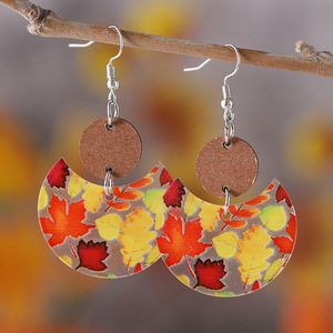 Pendientes acrílicos Acción de Gracias Naranja Rojo Amarillo Hoja de arce Circular Media Luna Patchwork Pendientes colgantes para mujeres Uionen 809 - Product Image 2