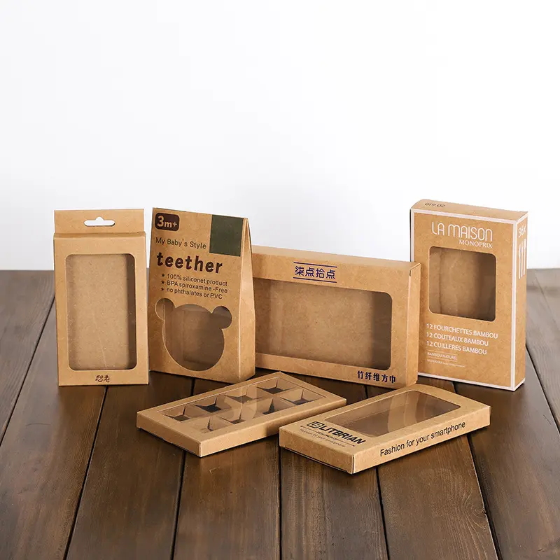 Petits jouets personnalisés pour bébé, emballage en carton, étui de téléphone, écouteurs, boîte en papier kraft au chocolat avec fenêtre transparente