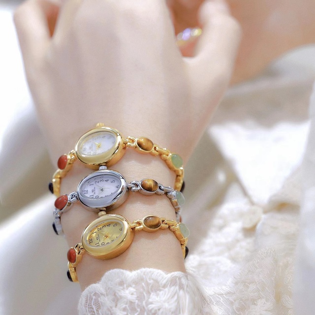 Fashion Quartz Alloy Bracelet Watch with Natural Jade Multi Gemstone Women's Luxury Gift-Shanghai Movement