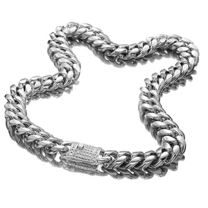 Stainless Steel Steel-Colored Cuban Chain with Micro-Paved <b>White</b> Zircon Buckle- Density Necklace (8-18mm Width) - Product Image 5