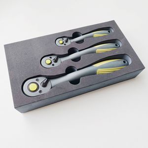3 Pc Curved Handle Ratchet Wrench Set 72 Teeth Quick Release Gray Green Auto Repair Tools Imperial Drive - Product Image 4