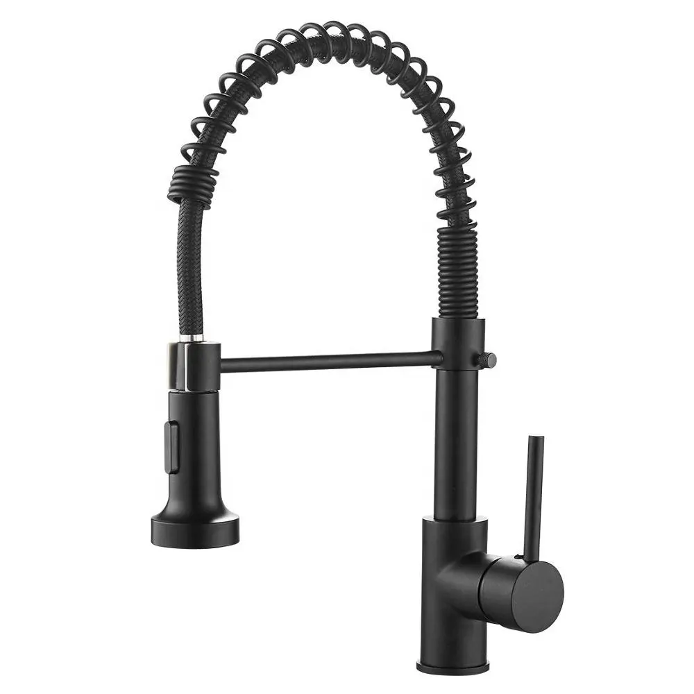 Commercial Solid Brass Single Handle Single Lever Pull Down Sprayer Spring Kitchen Sink Faucet, Matte Black