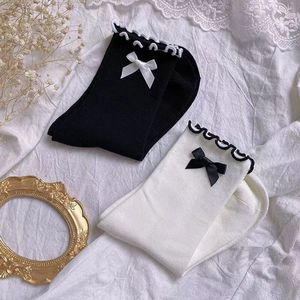 White And <b>Black</b> Bow-knot Ruffled Slouch <b>Socks</b> Cotton Sweat-absorbing Women's Autumn Style Lolita JK <b>Socks</b> - Product Image 4