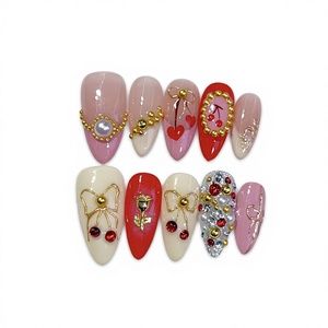 30 faux ongles verts à presser, forme amande moyenne, avec perles 3D, fleurs et papillons dorés, design printemps-été, en acrylique pour femmes - Product Image 5