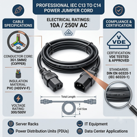 Cable de Alimentación CA VDE IEC 60320 C13 a C14, 10A 250V, Cable de Alimentación para Ordenador de Cobre Puro para PDU, Servidor, Monitor, OEM, Directo de Fábrica