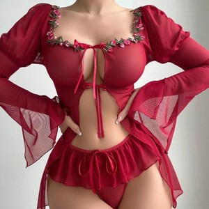 Robe nuisette sexy style européen et américain en maille transparente à motif floral, avec nœud et ourlet à volants, manches longues - Product Image 6