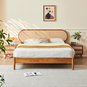 <span class=keywords><strong>Letto</strong></span> con Struttura in Legno Massello e Testiera in Rattan, Stile Boho Moderno Scandinavo, Personalizzabile per Camere da <span class=keywords><strong>Letto</strong></span> di Case Mediorientali - Product Image 1