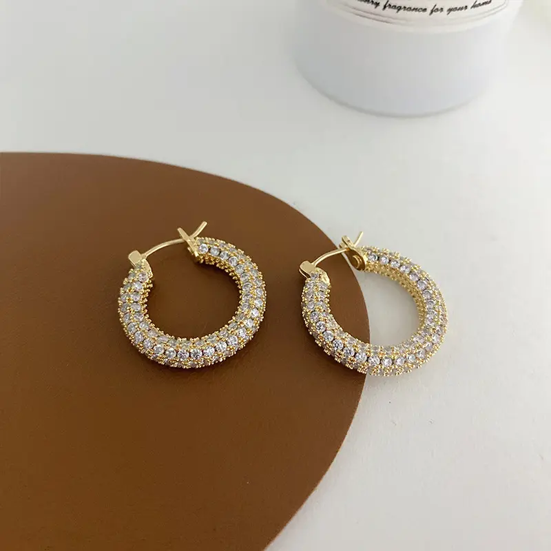 Europe Real Gold Plated Iced Out Micro Pave Zircon CZ Hoop Earring S925 Silver Stud Zircon Round Huggie Hoop Earrings