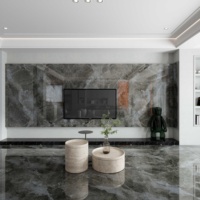 Des dalles de pierre frittée Verona gris foncé de 900x1800 mm, revêtues d'un vernis, sont utilisées pour le mur de fond du projet.