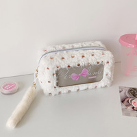 Trousse à crayons en peluche couleur bonbon style coréen pour trousse de toilette, sac de maquillage portable pour étudiant, sac de rangement à fermeture éclair avec nœud papillon pour papeterie