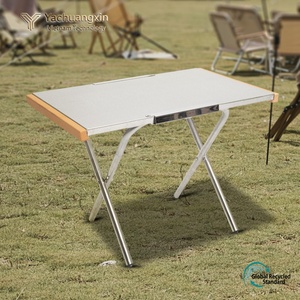 Aluminum Folding Outdoor <b>Table</b> with Birch Wood Edges Rectangular Cross Base Minimalist Design for Picnic <b>BBQ</b> Use - Product Image 3
