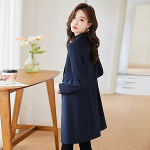 Women's Mid Length Blazer Navy Blue Trench Coat Solid Color Polyester Woven Comfortable Autumn Style - Product Image 5