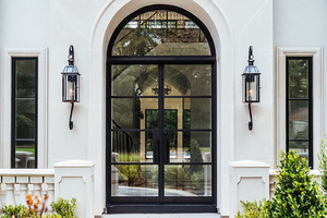 Puerta de acero abatible doble moderna de diseño gráfico de gama alta con puertas francesas enmarcadas delgadas con arco superior con vidrio templado Doble - Product Image 2