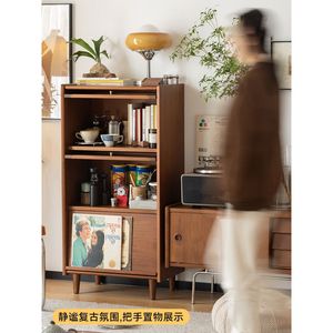 Nordic <b>Solid</b> <b>Wood</b> <b>Bookcase</b> 3 Compartments Vintage Cabinet Living Room Storage With Doors Floor Standing Cabinet - Product Image 3