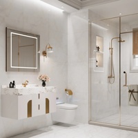 Meuble-lavabo de salle de bain personnalisé en bois massif moderne rayé cannelé porte design or avec comptoir en marbre évier simple armoire flottante
