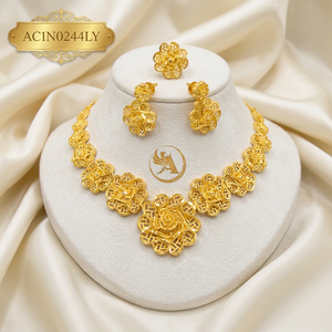 Luxury African Rose Floral Gold Plated Jewelry Set for Women Necklace Earrings Ring Set Nigerian Bridal Wedding Jewelry - Product Image 1