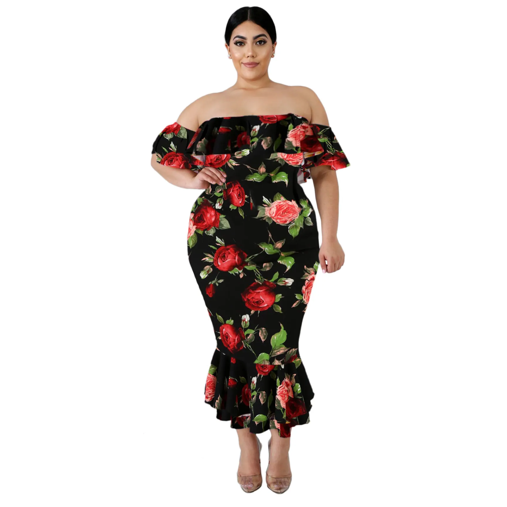 New Floral Print Fat Size Women Party Dress