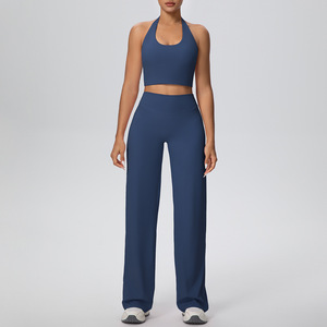 Ensemble de yoga respirant uni pour femmes, soutien-gorge de sport sans couture à col halter, pantalon droit taille haute, vente en gros OEM ODM directement de l'usine - Product Image 2