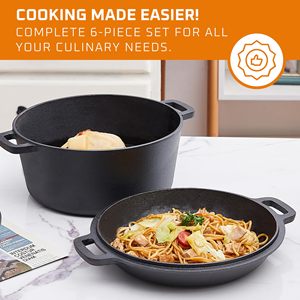 Set di pentole e padelle Pre-stagionate 6 pezzi doppio forno olandese Crockpot in ghisa e padella quadrata con coperchio pentole da esterno - Product Image 5