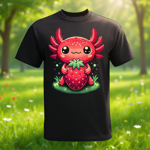 T-shirt mignon avec motif de fraise Axolotl, design de fruits d'été Kawaii, taille adulte unisexe - Product Image 3