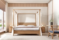 Cama con dosel con marco de madera maciza con cortinas para tamaño King con cabecero para dormitorio de adultos con patas de apoyo Listones de madera