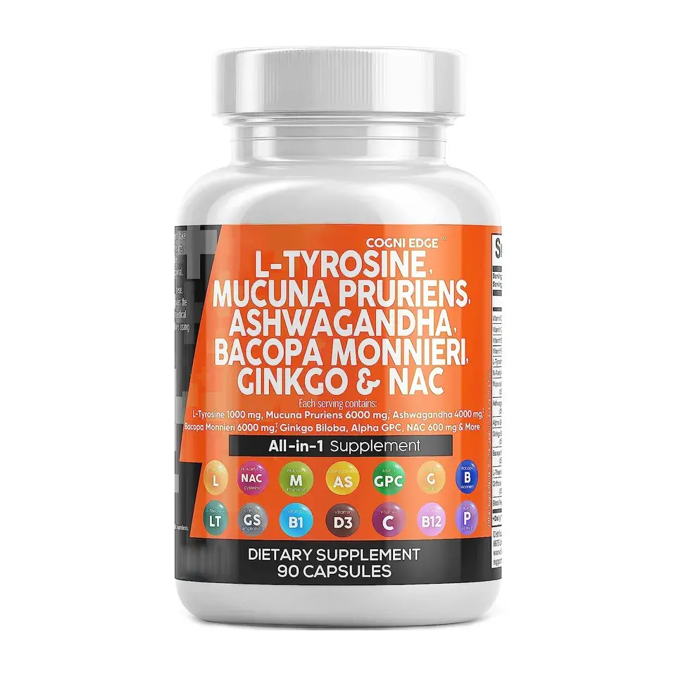 OEM Focus Supplement L-Tyrosin Mucuna Pruriens Bacopa Monnieri Ashwagandha Kapseln mit N-Acetyl Cystein Vitaminen