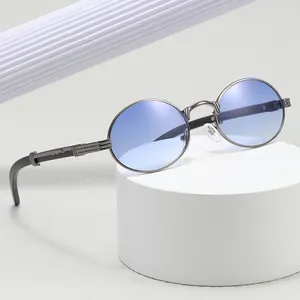 Yeni varış erkekler Metal ahşap tahıl renk şekli küçük Oval yuvarlak güneş Shades gözlük Trendy güneş gözlüğü 2023