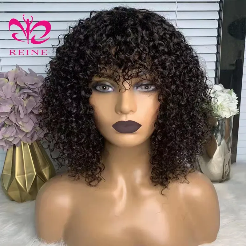 200% Density Kinky Curly Full Machine Made Wigs Brazilian Human Hair Cheap Afro Curly Short Bob Wigs With Bangs For Black Women