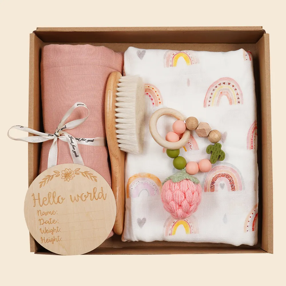 Pasgeboren Geschenkdoos Nieuwe Aankomst Baby Shower Cadeau Set Baby Mousseline Katoenen Deken Diy Tandjes Rammelaar Mijlpaal Houten Speelgoed Set