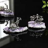 Ornement Figurine Minier en Améthyste et Pyrite, Spécimen Minéral Créatif, Décoration Chariot Minier pour Bureau