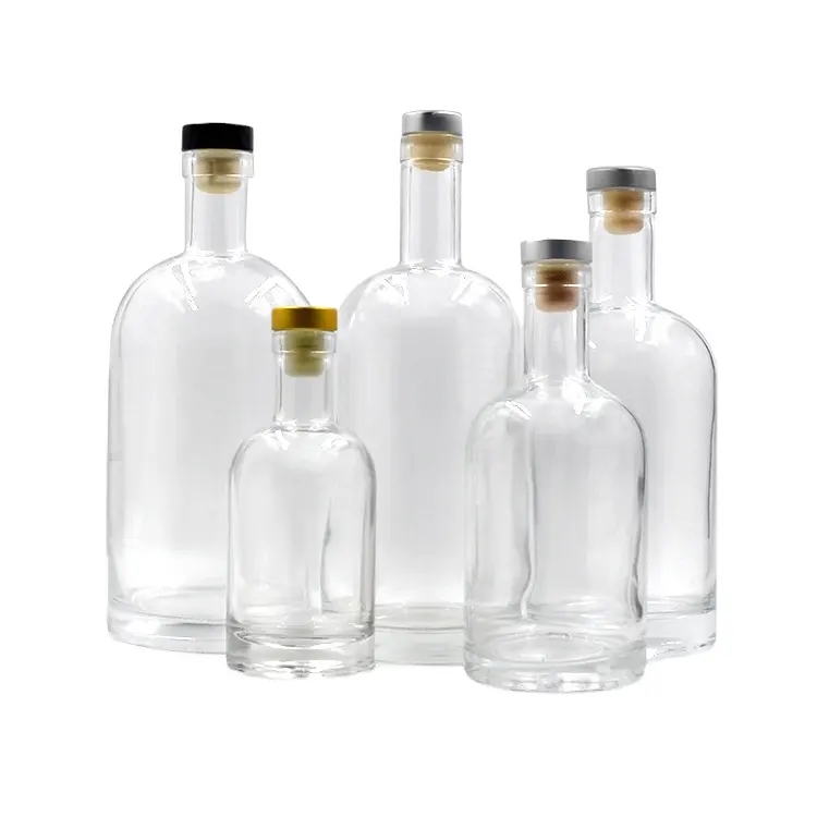 Bottiglia di vetro liquore bevanda rotonda decalcomania vetro vuoto vodka whisky 500ml 250ml 500ml 700ml 750ml sughero bottiglia trasparente