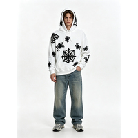 Sweat à capuche unisexe personnalisé 100 % coton avec imprimé toile d'araignée floqué, poche surdimensionnée, style streetwear, épaules tombantes, pull-over OEM ODM