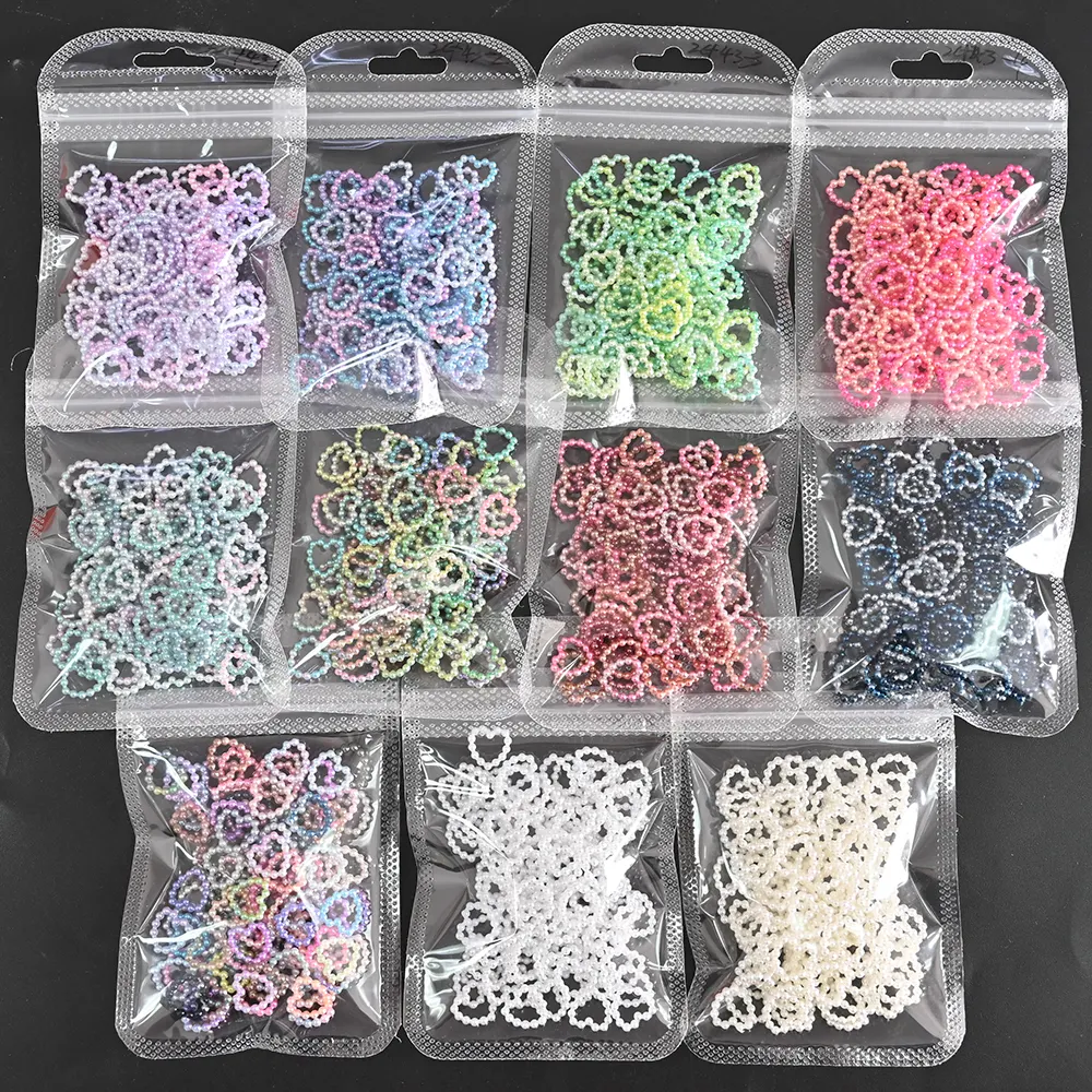 Wholesale 50pcs/Bag Korea Hollow Heart Pearl Designer Nail Charms 11mm Jewelry Decorations Graduated Color For Nails Design
