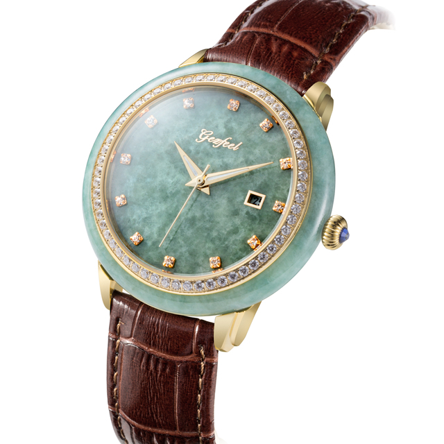 Diamond Bezel Luxury Leather Automatic Mechanical Watch Vintage Jewelry Men's Jade Watch