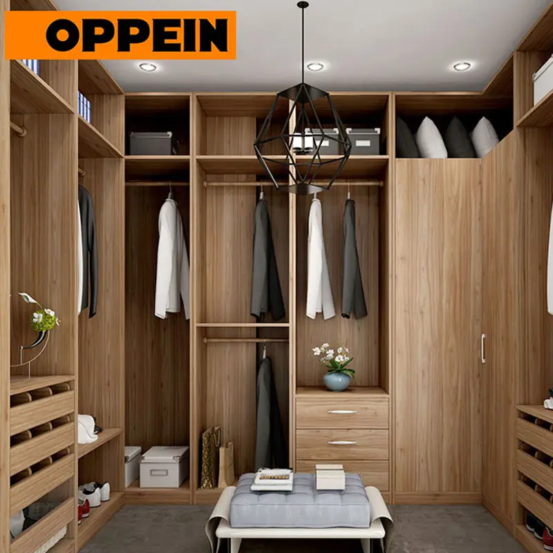 Oppein U Shaped Wood Grain Walk in Closet of Best Bedroom Wardrobe