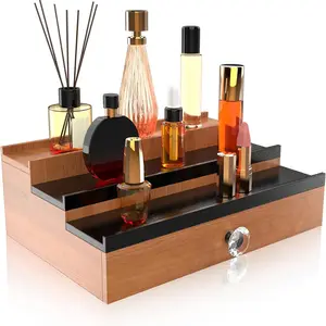 Organizador de Colonia de madera para hombres, organizador de perfumes de 3 niveles con cajón y compartimento oculto, organizador de fragancias, soporte de exhibición