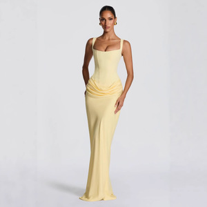 Nuovo Abito Lungo Giallo con Scollo Quadrato e Corsetto 2026, Elegante Vestito da Sera Formale Senza Maniche per <span class=keywords><strong>Donna</strong></span> - Product Image 6