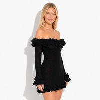 Robe Courte Chic et Tendance en Acrylique Noire à Volants et Pointelle, Manches Longues, Épaules Dénudées, Respirante, Personnalisable (OEM & ODM) pour Femme – Idéale pour l'Été