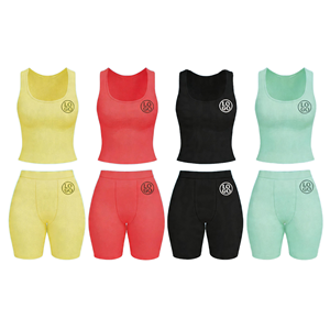 Solid Ribbed <b>Knitting</b> Fabric Tank Top Cotton Spandex Breathable Loungewear Women <b>Sets</b> Above Knee Summer Skinny Short Custom Logo - Product Image 1
