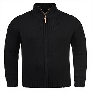 Custom Premium Mens Technical Knit <b>Cardigan</b> Full Zip Turtleneck Ribbed Detail Anti-Wrinkle Winter Business Casual Outerwear - Product Image 1