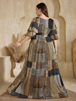 Robe décontractée longue en mousseline fluide à col en V, imprimé patchwork aquarelle aléatoire, taille plissée et manches à volants, grande taille, collection Printemps/Été