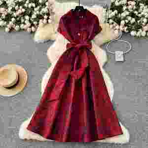Robe Tunique Mi-Longue Décontractée Grande Taille 2025 d'Été en Tissu Tissé à Col Rabattu pour Femme avec Dentelle Empire - Product Image 1