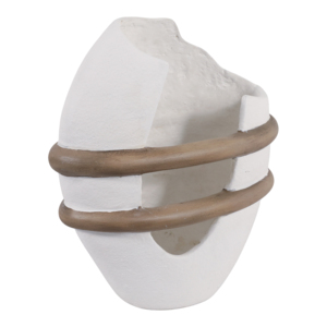 Vaso in ceramica asimmetrico con fasce in legno, decorazione moderna per tavolo da soggiorno o esposizione in ufficio. - Product Image 3