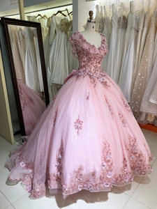 Bán Buôn New Ruffle Tay Áo Hoa Thêu Màu Hồng Quinceanera Dresses Thanh Lịch - Product Image 3