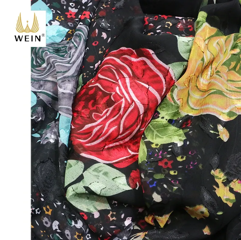 WI-J07 Boetiek Mode 100% Polyester Pioen Clip Jacquard Chiffon Stof Grote Bloemenprint Voor Kleding