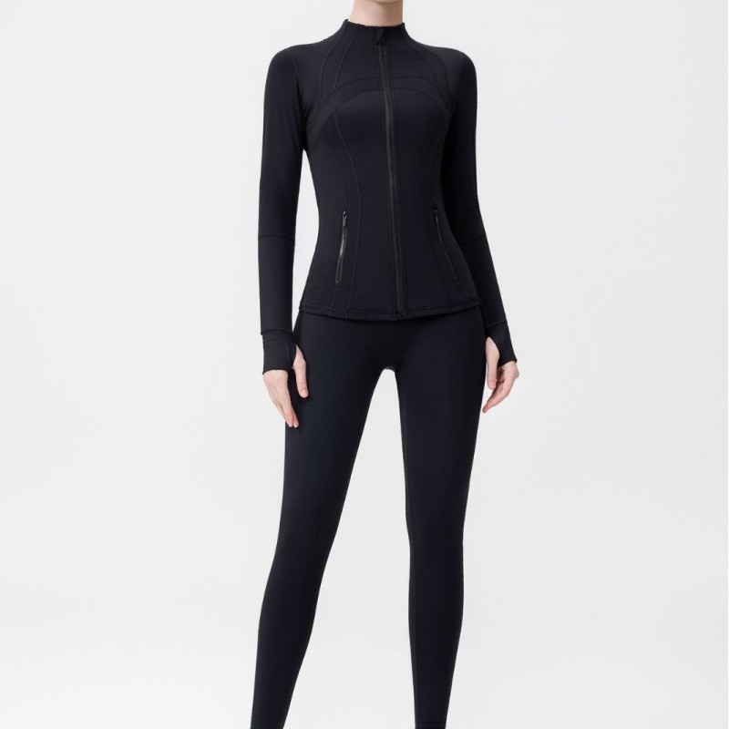 Yoga Wear Set - Three-quarter Length Pants Stand-up Collar Jacket Long-sleeved Stretchy Fitness Running Sports Outfit Set