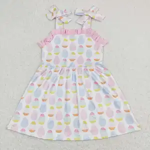 新设计RTS精品儿童复活节连衣裙女婴粉色鸡蛋印花吊带连衣裙儿童连衣裙