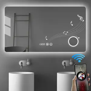 مرآة تكبير زينة حديثة للحمام تُثبت على الحائط بمستشعر يعمل باللمس بإضاءة خلفية LED من Taiming