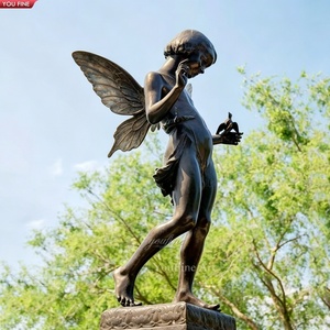 Sculpture d'elfes en bronze YOUFINE, statue de garçon ailé, enfant fée avec <span class=keywords><strong>oiseau</strong></span> pour la décoration de jardin et de cour de villa en extérieur - Product Image 1