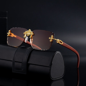 Lunettes de soleil sans monture sur mesure unisexe, verres PC noirs, protection UV400, branches effet bois, style Instagram - Product Image 3